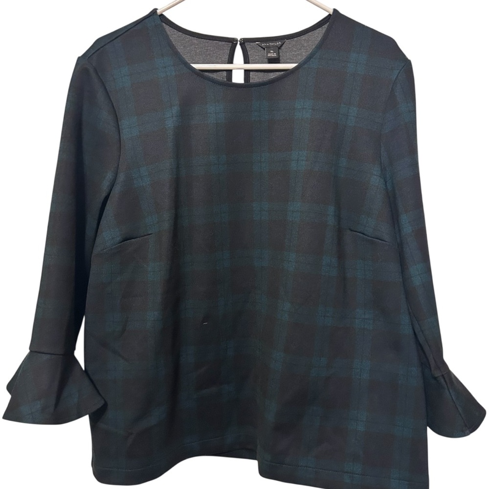 Ann Taylor Black Watch Tartan Green/Black Top with Bell Sleeves Women’s Size XL
